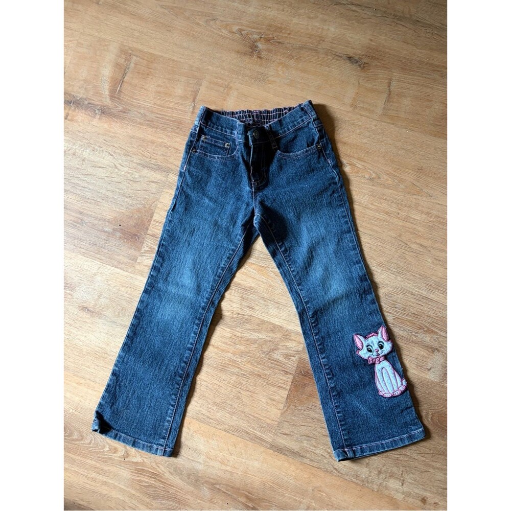 Girls Y2K Pull On Dark Wash Jeans with Pink Cat Patch Pink Contrast Stitch